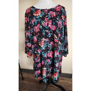 FIG & FLOWER Womens Blouse Boho Black W/Pink Roses Floral 3/4 Sleeve Size 2X